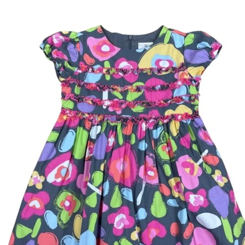 Hanna Andersson Floral Puff‎ Sleeve Party Dress Gray Multicolor Ruffle Size 8